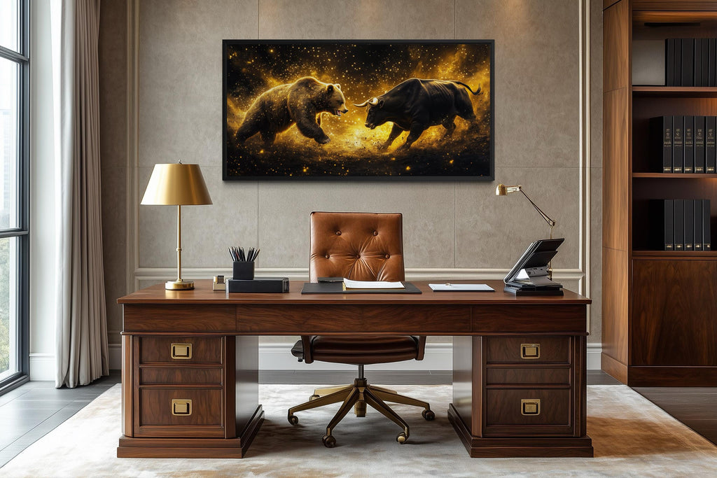 Wall Street Bull Fighting Bear Art – Gold Black Market Cycle Painting | Office Decor Canvas