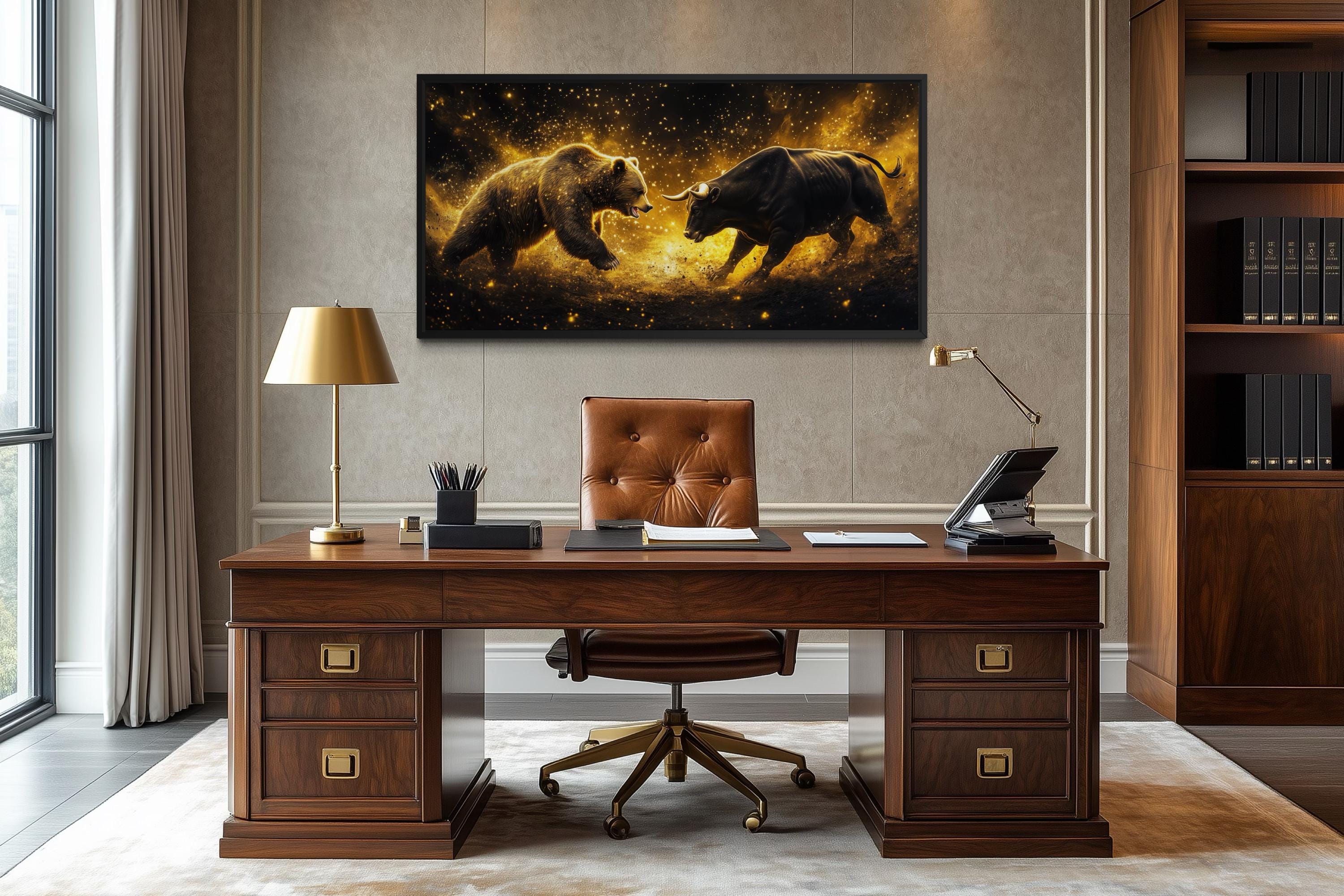Wall Street Bull Fighting Bear Art – Gold Black Market Cycle Painting | Office Decor Canvas