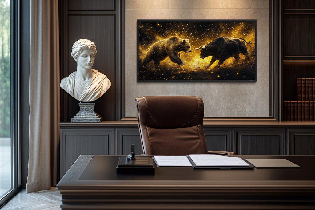 Wall Street Bull Fighting Bear Art – Gold Black Market Cycle Painting | Office Decor Canvas