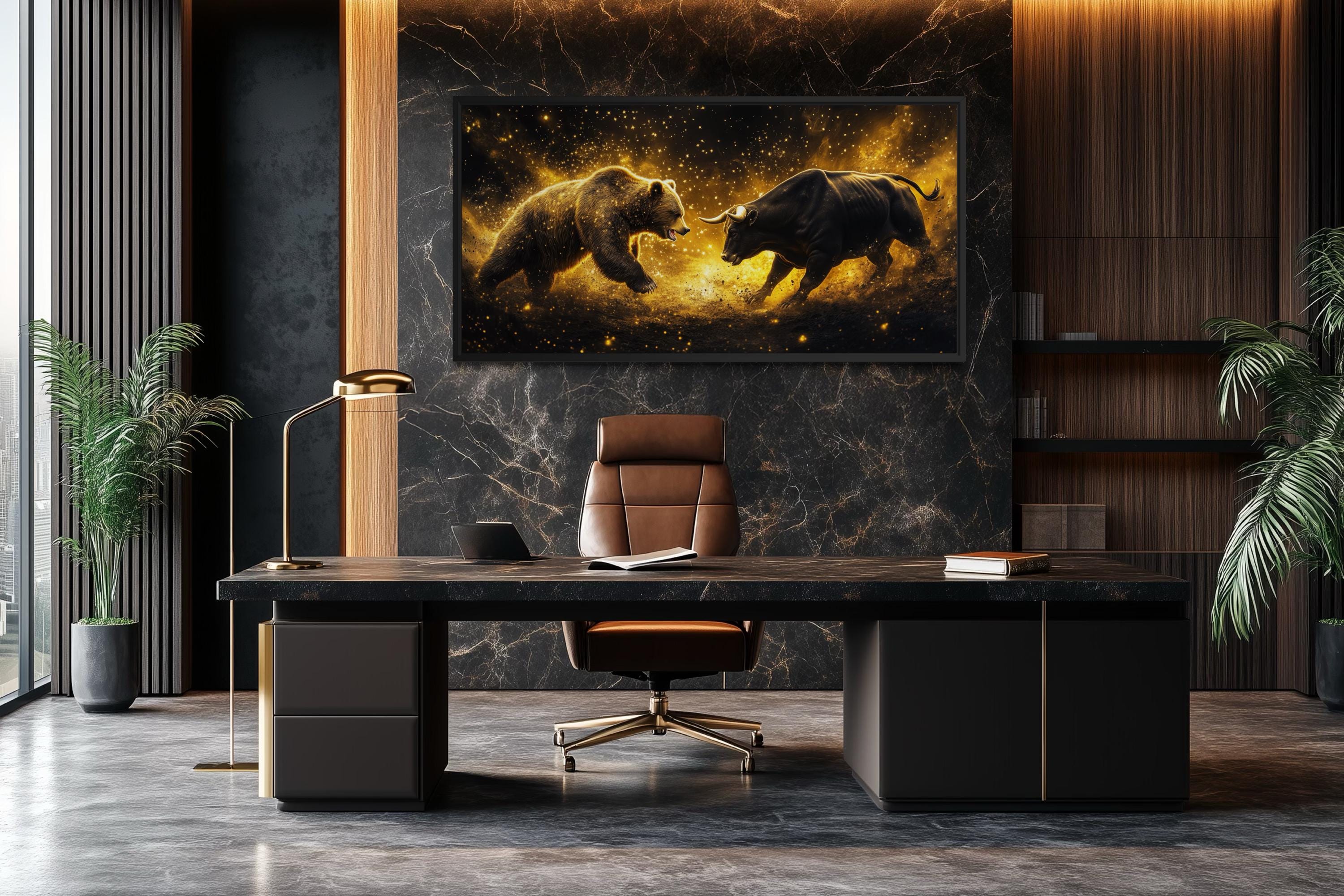 Wall Street Bull Fighting Bear Art – Gold Black Market Cycle Painting | Office Decor Canvas