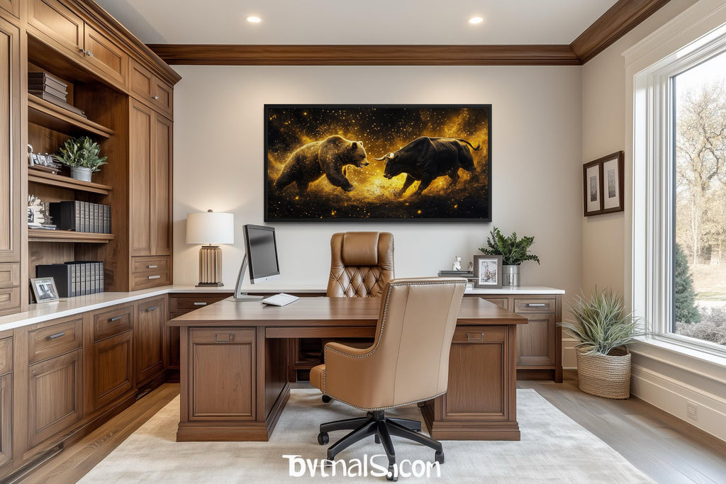 Wall Street Bull Fighting Bear Art – Gold Black Market Cycle Painting | Office Decor Canvas