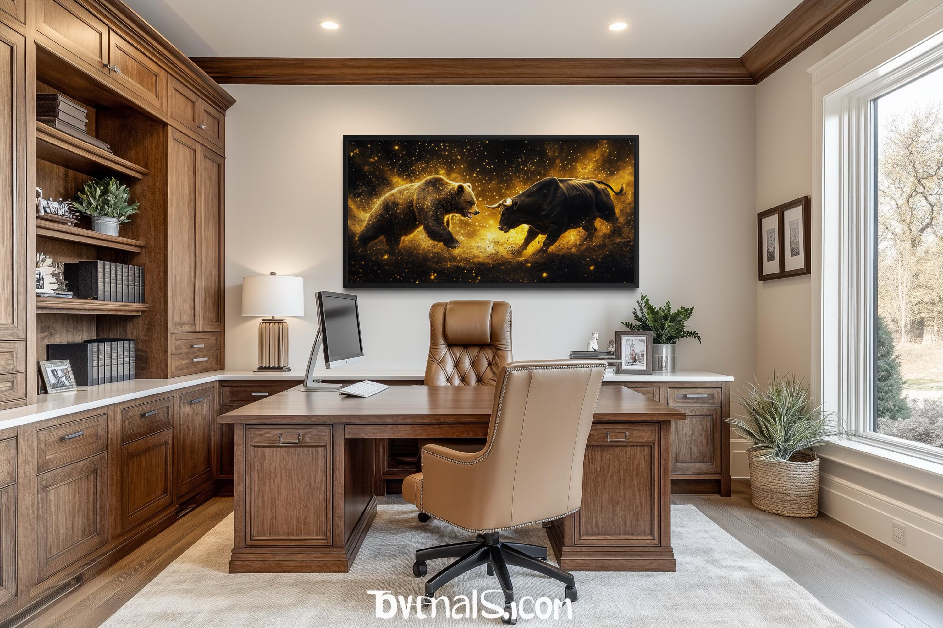 Wall Street Bull Fighting Bear Art – Gold Black Market Cycle Painting | Office Decor Canvas