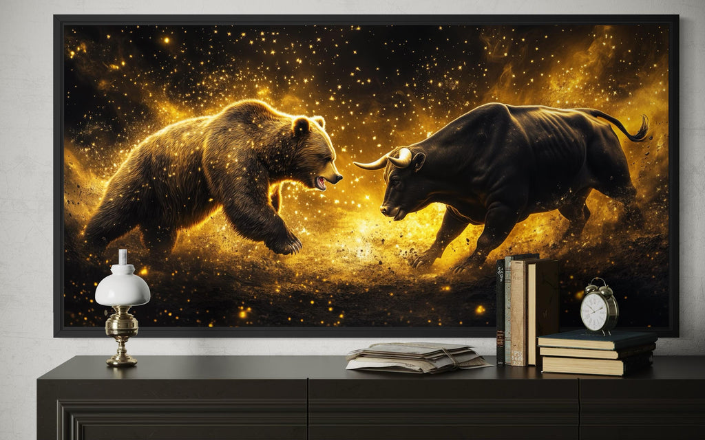 Wall Street Bull Fighting Bear Art – Gold Black Market Cycle Painting | Office Decor Canvas