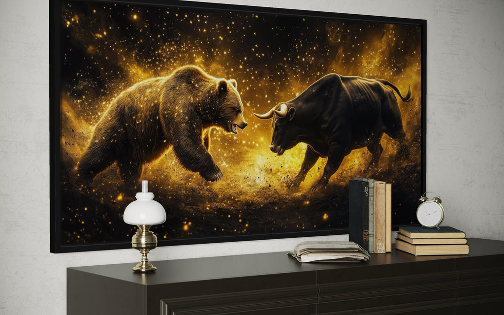 Wall Street Bull Fighting Bear Art – Gold Black Market Cycle Painting | Office Decor Canvas