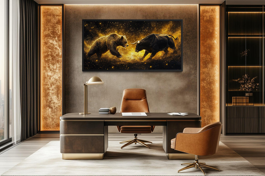 Wall Street Bull Fighting Bear Art – Gold Black Market Cycle Painting | Office Decor Canvas