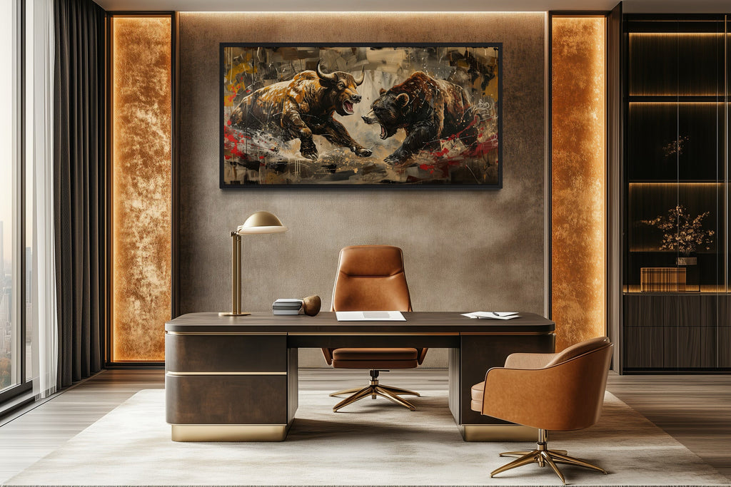 Wall Street Bull Fighting Bear Graffiti Painting Extra Large Canvas Wall Art