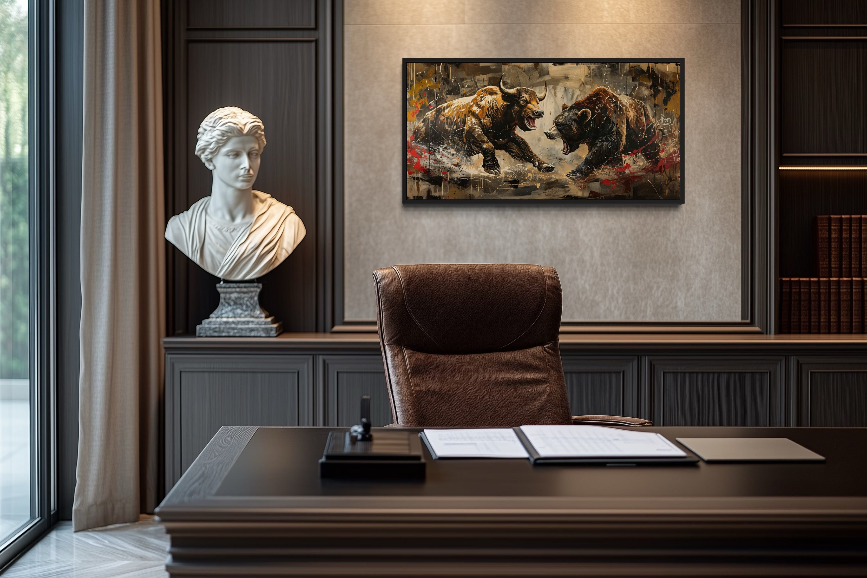 Wall Street Bull Fighting Bear Graffiti Painting Extra Large Canvas Wall Art