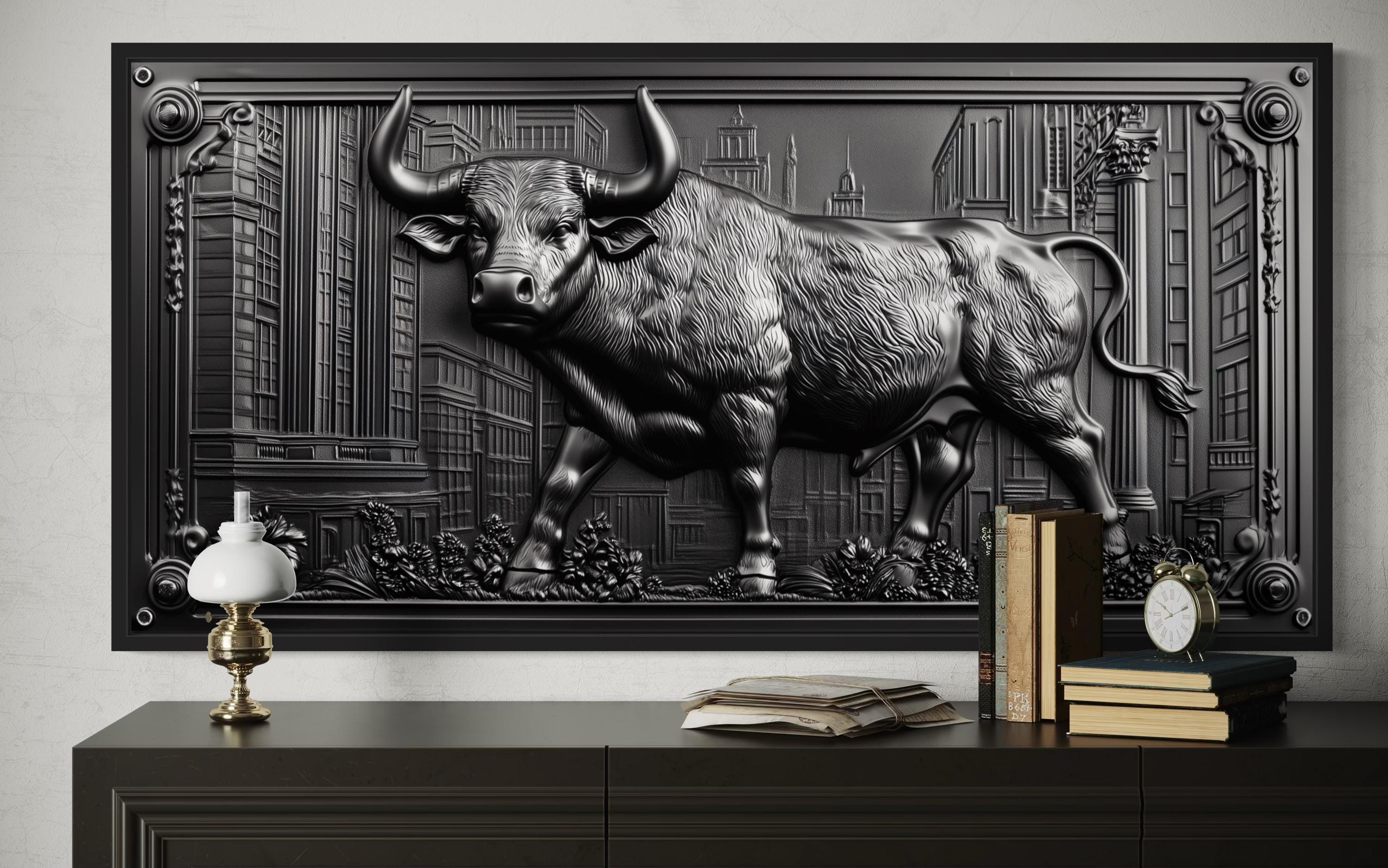 Wall Street Bull Wall Art - Powerful Charging Bull Canvas Print, New York Wall Street Office Decor Framed Canvas Wall Art