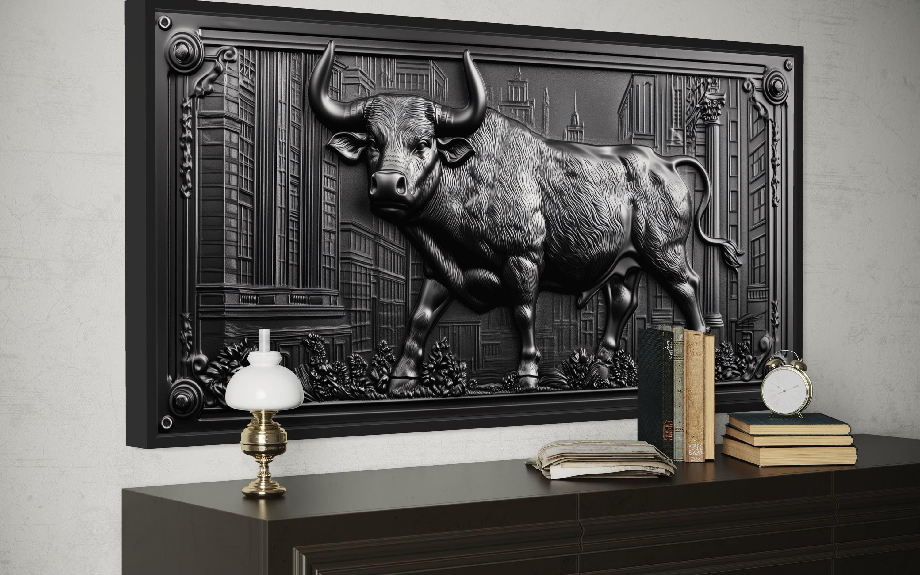 Wall Street Bull Wall Art - Powerful Charging Bull Canvas Print, New York Wall Street Office Decor Framed Canvas Wall Art