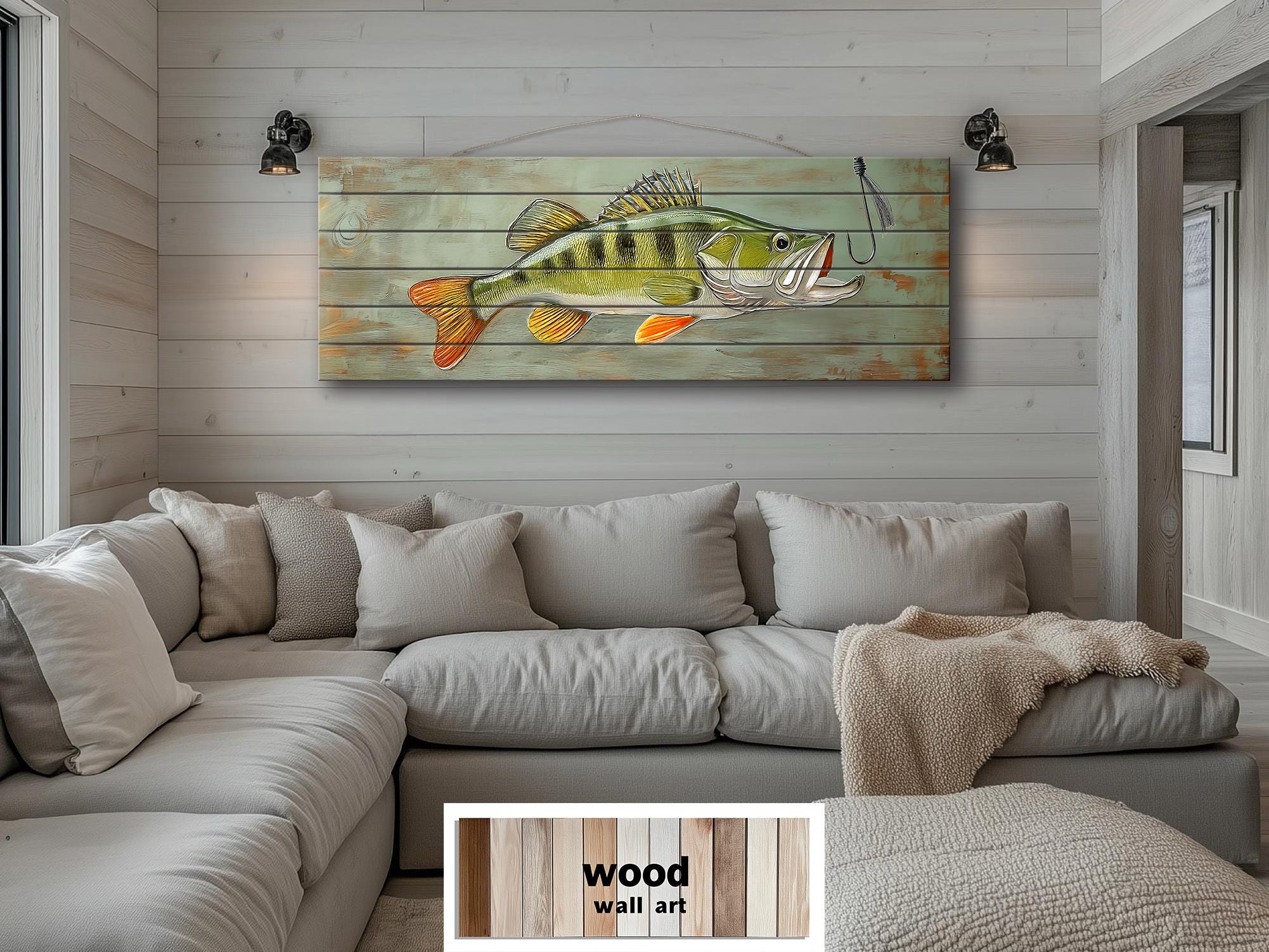 Walleye Fish Long Horizontal Real Wood Wall Art For Fishing Cabin Decor
