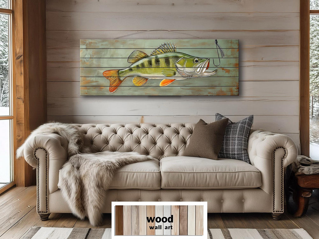 Walleye Fish Long Horizontal Real Wood Wall Art For Fishing Cabin Decor