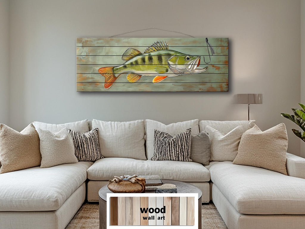 Walleye Fish Long Horizontal Real Wood Wall Art For Fishing Cabin Decor