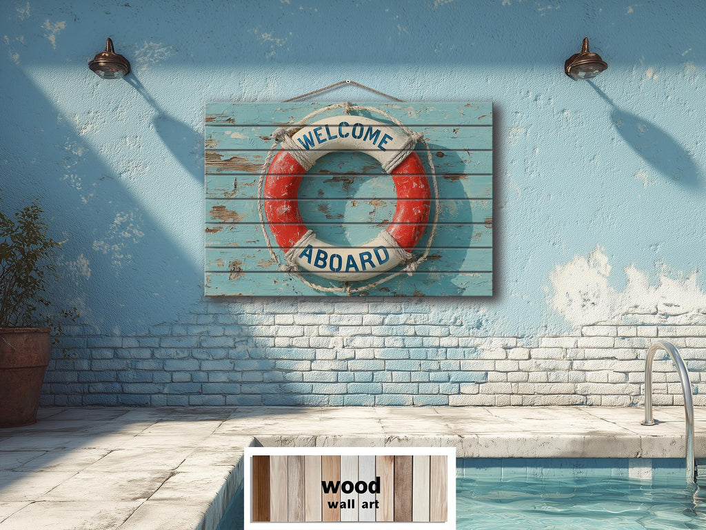 Welcome Aboard Lifebuoy Distressed Wood Sign | Coastal Beach House Or Pool Sign Decor