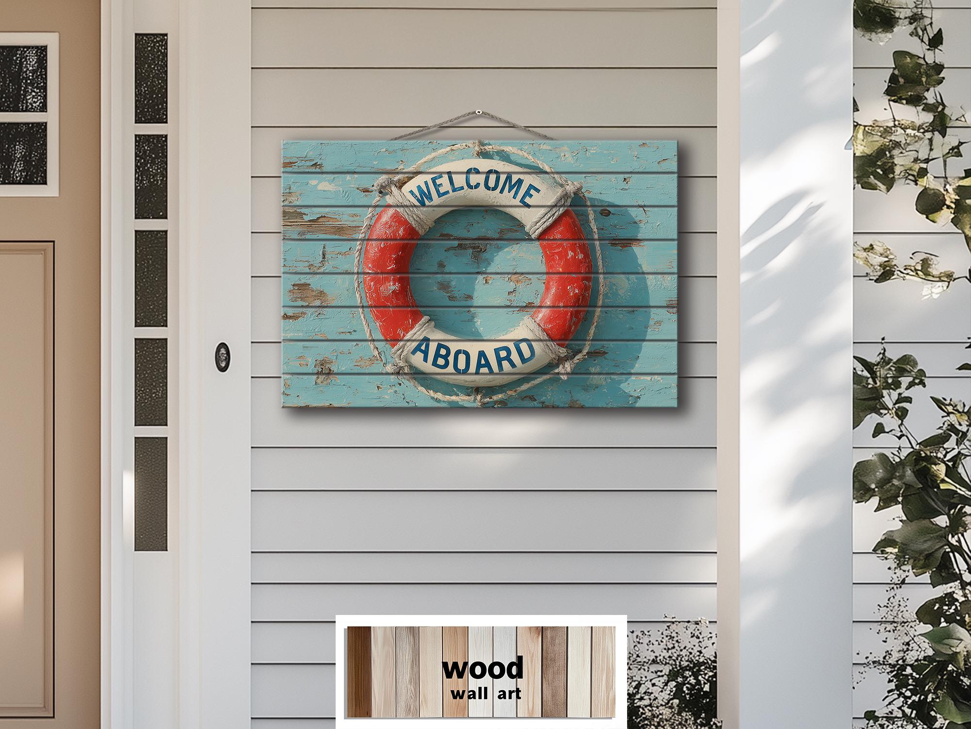 Welcome Aboard Lifebuoy Distressed Wood Sign | Coastal Beach House Or Pool Sign Decor