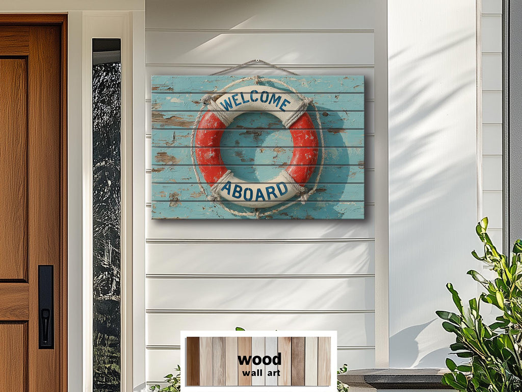 Welcome Aboard Lifebuoy Distressed Wood Sign | Coastal Beach House Or Pool Sign Decor