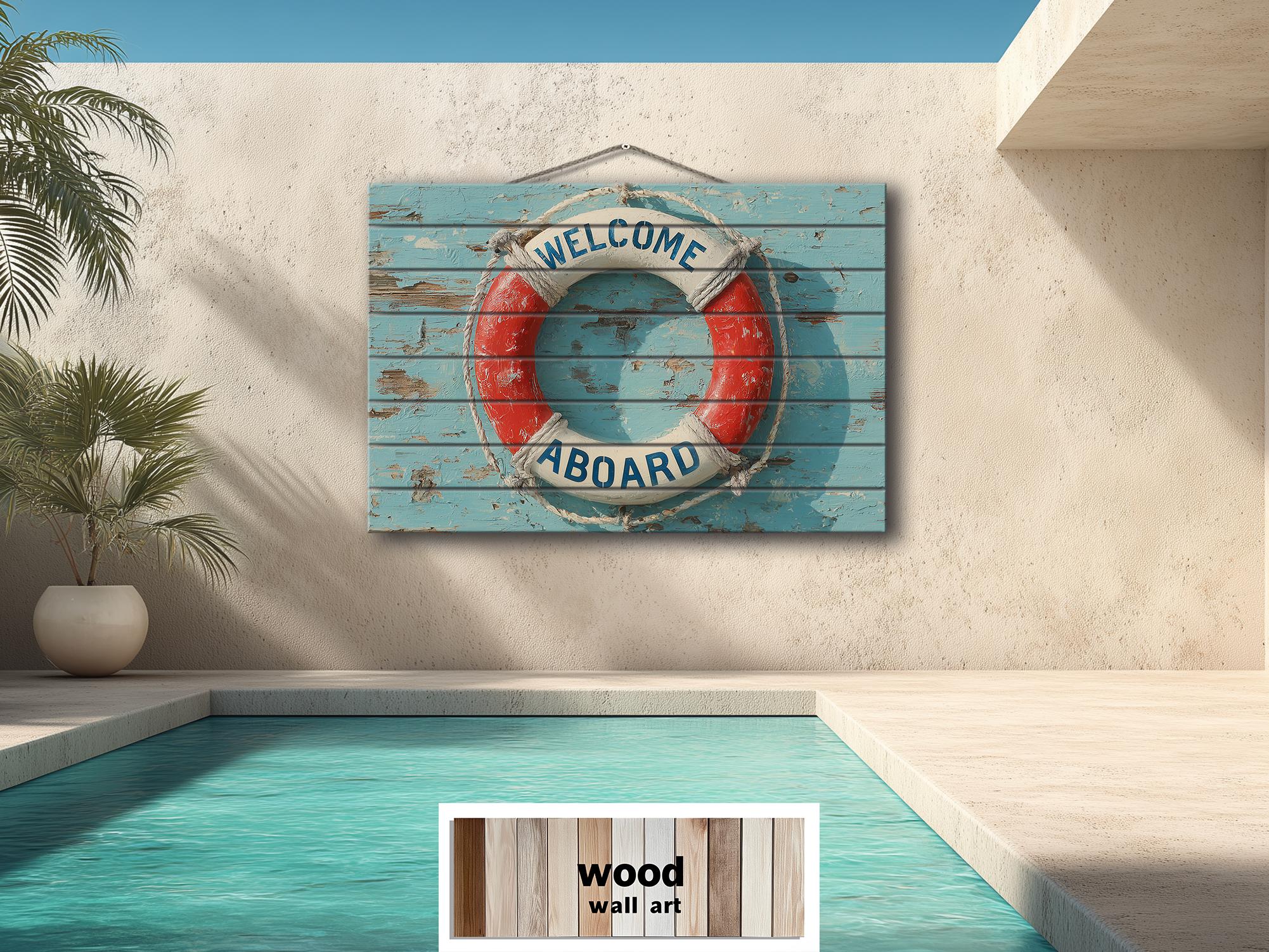 Welcome Aboard Lifebuoy Distressed Wood Sign | Coastal Beach House Or Pool Sign Decor