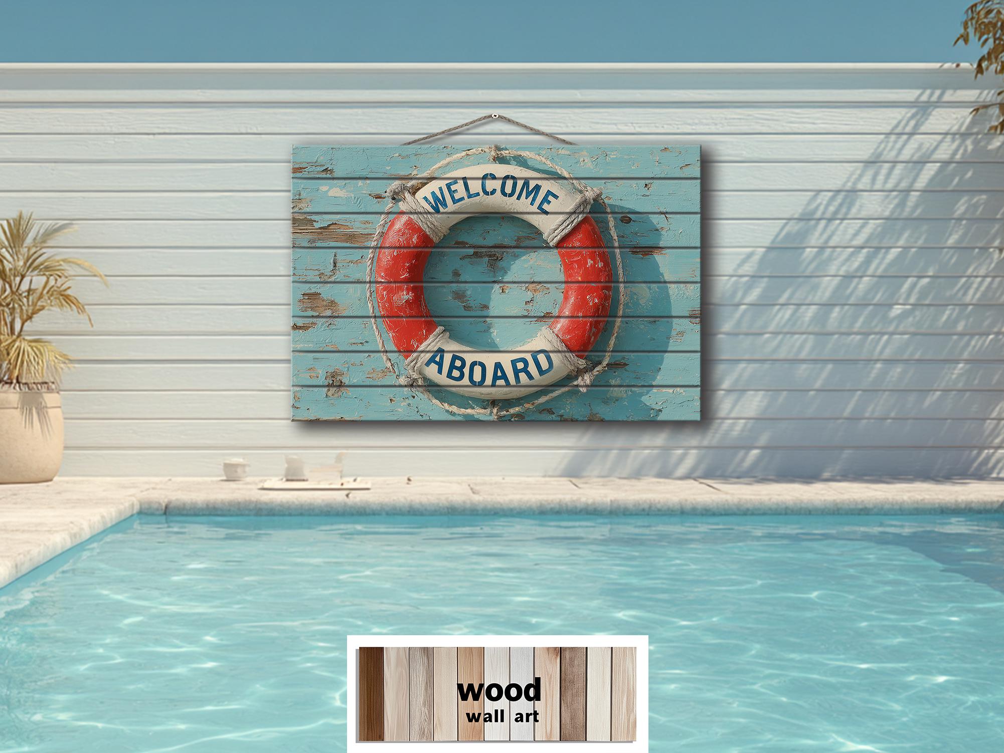 Welcome Aboard Lifebuoy Distressed Wood Sign | Coastal Beach House Or Pool Sign Decor