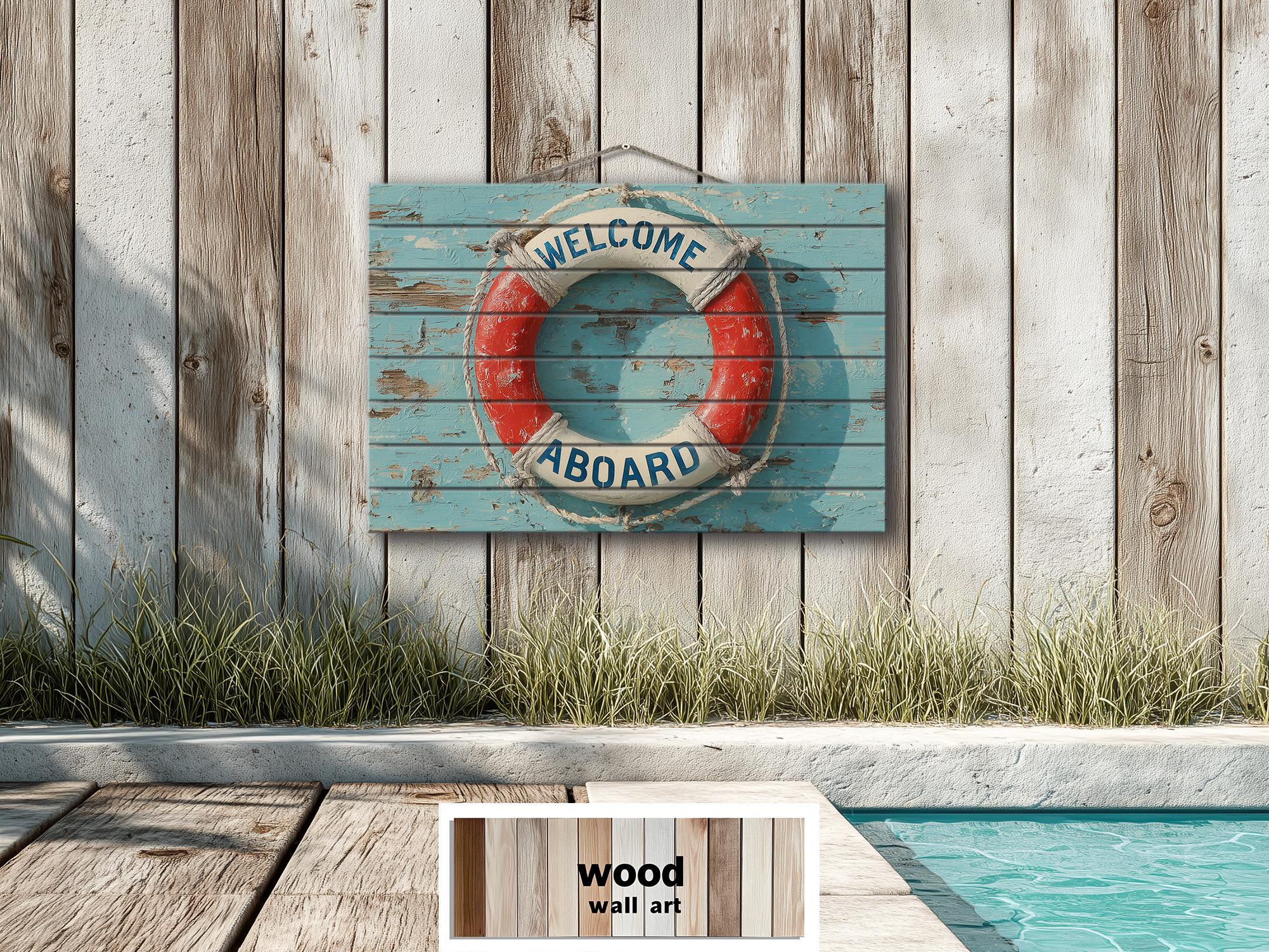 Welcome Aboard Lifebuoy Distressed Wood Sign | Coastal Beach House Or Pool Sign Decor