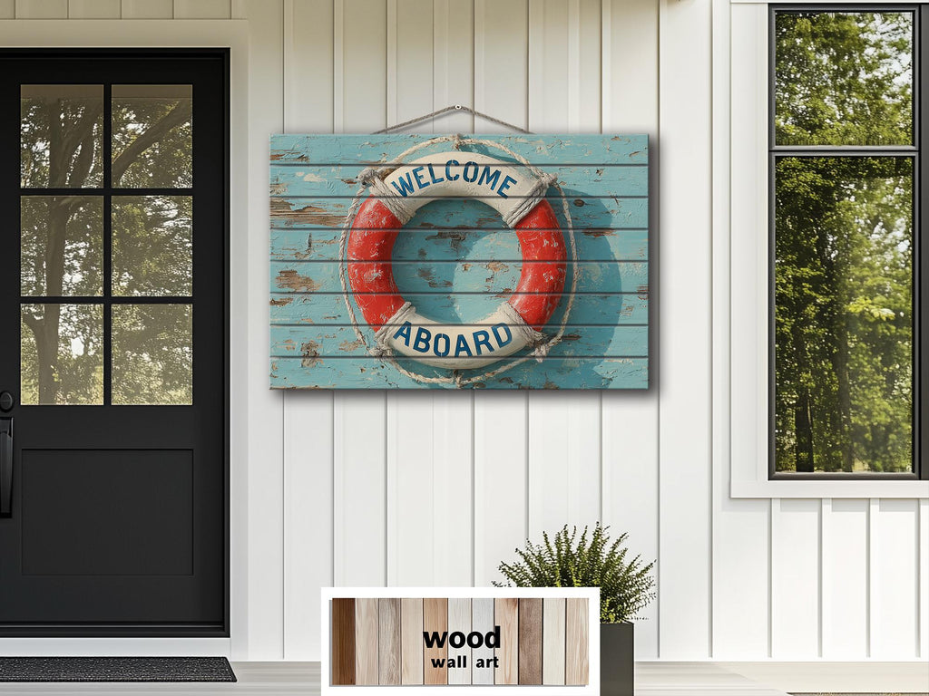 Welcome Aboard Lifebuoy Distressed Wood Sign | Coastal Beach House Or Pool Sign Decor