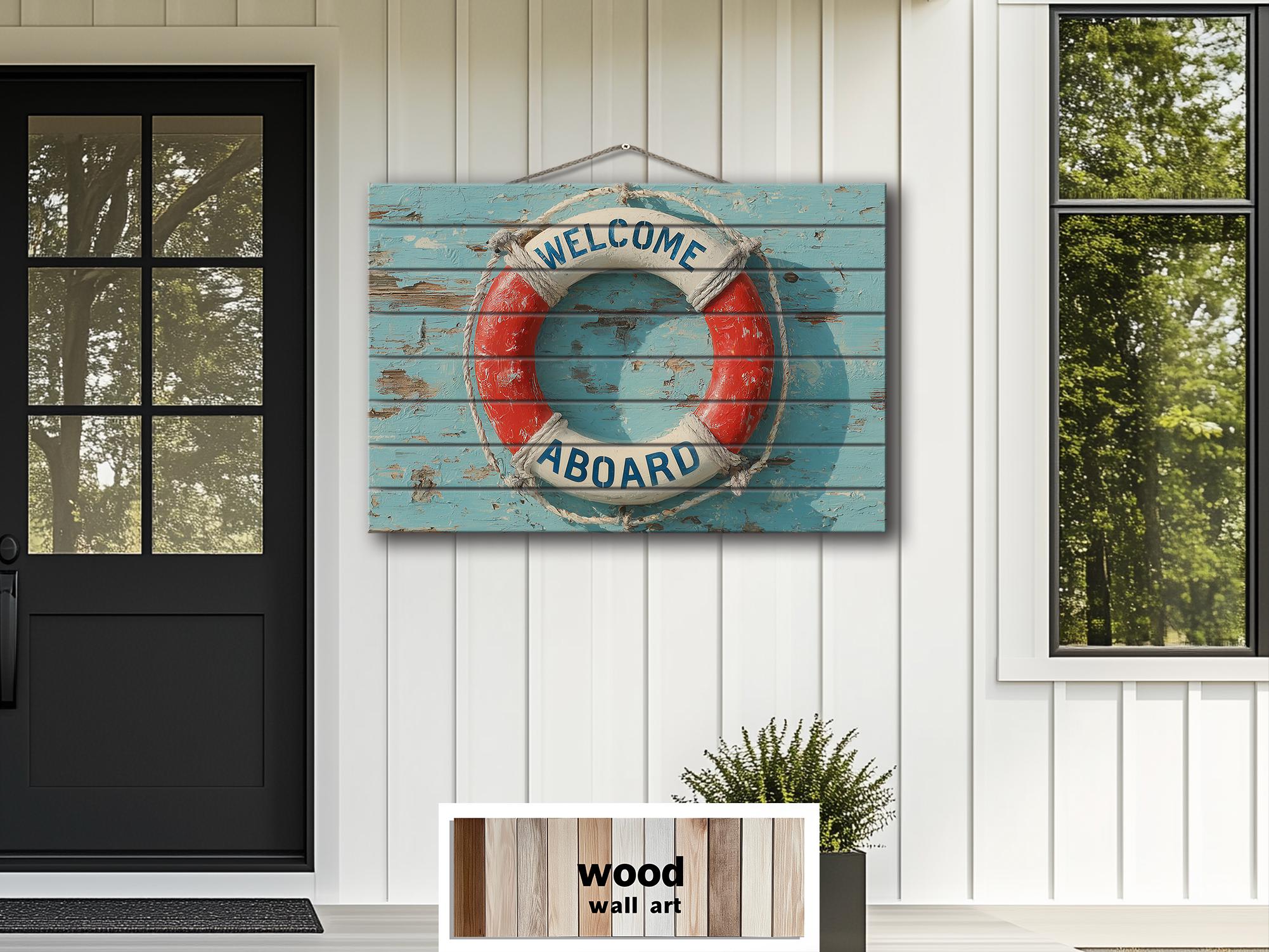Welcome Aboard Lifebuoy Distressed Wood Sign | Coastal Beach House Or Pool Sign Decor