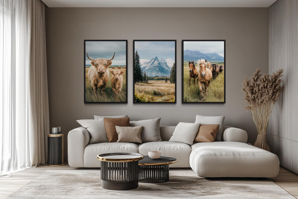 Western Highland Cow And Calf, Grand Teton Mountain, and Galloping Horse Wall Art Set of 3