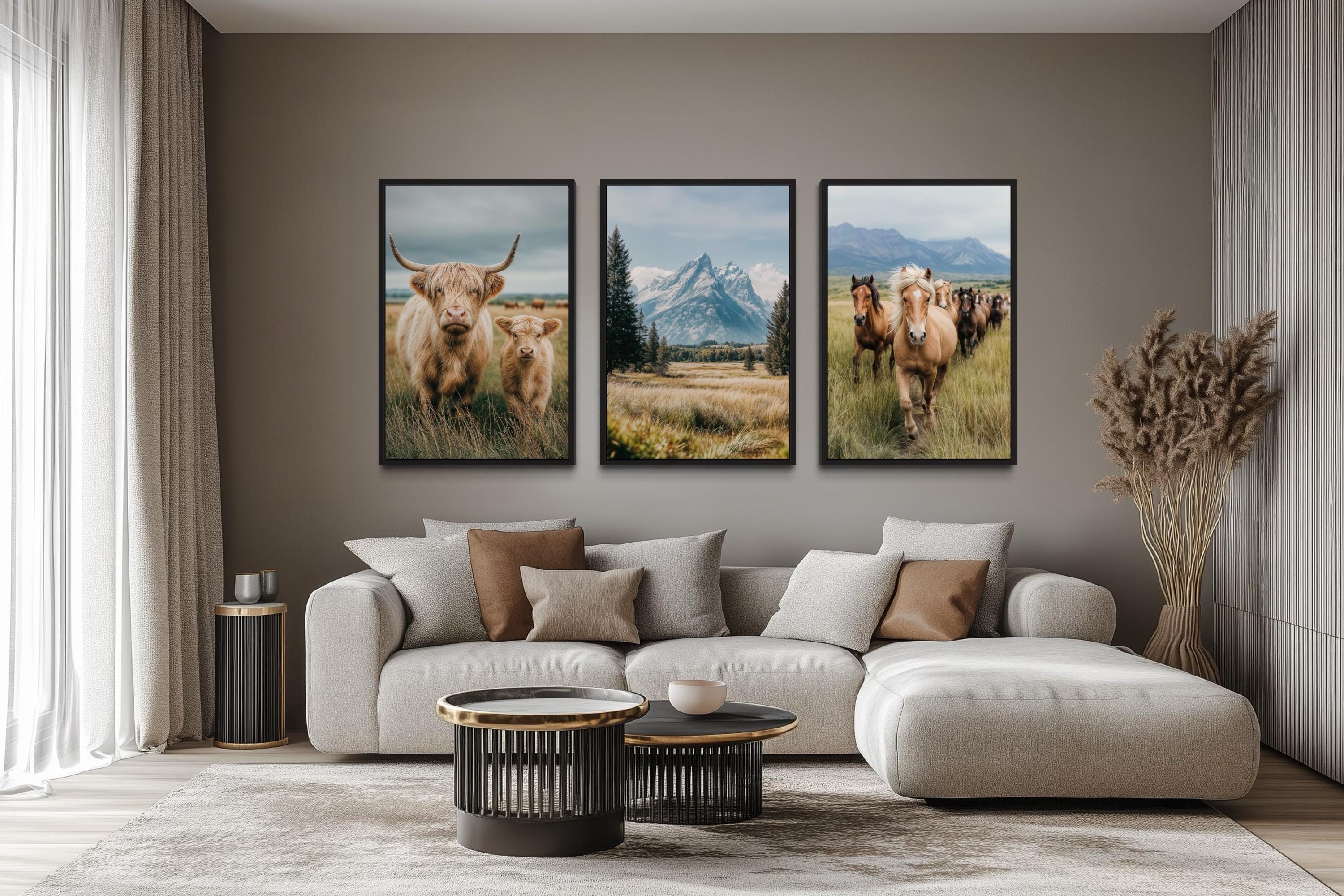 Western Highland Cow And Calf, Grand Teton Mountain, and Galloping Horse Wall Art Set of 3
