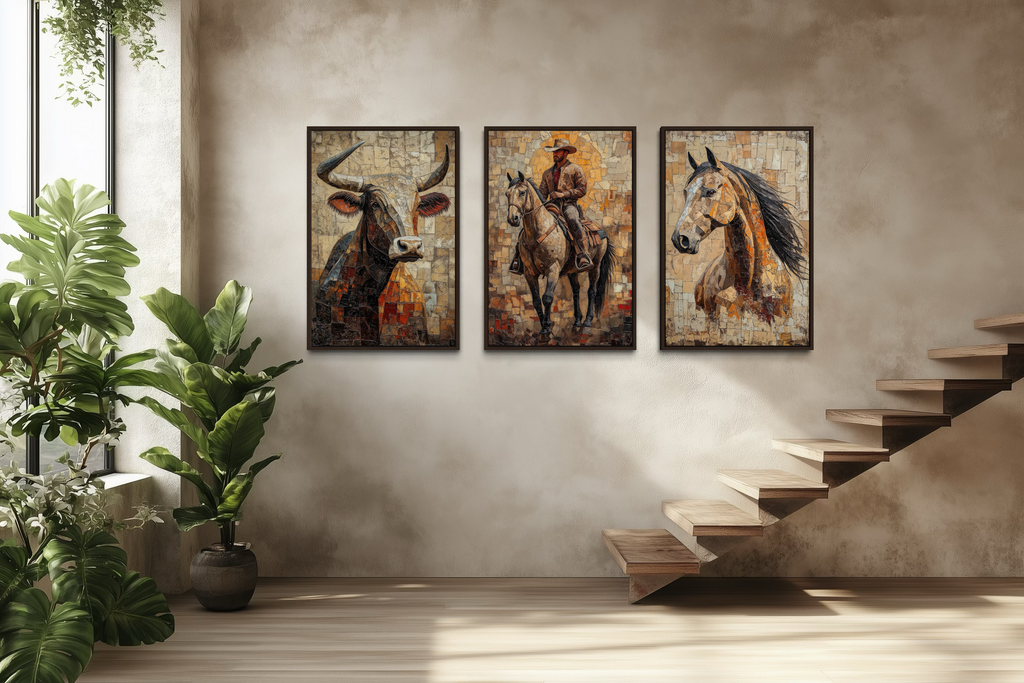 Western Wall Art Set Of 3 – Cowboy, Longhorn Bull, and Horse Canvas Prints