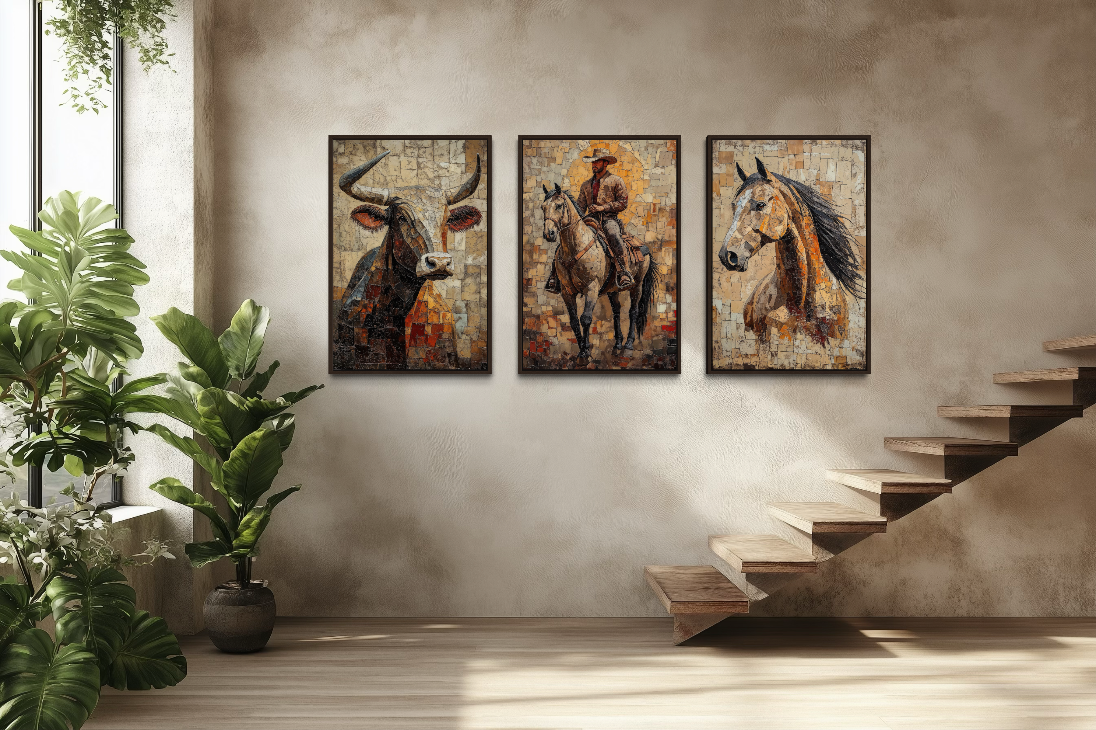 Western Wall Art Set Of 3 – Cowboy, Longhorn Bull, and Horse Canvas Prints