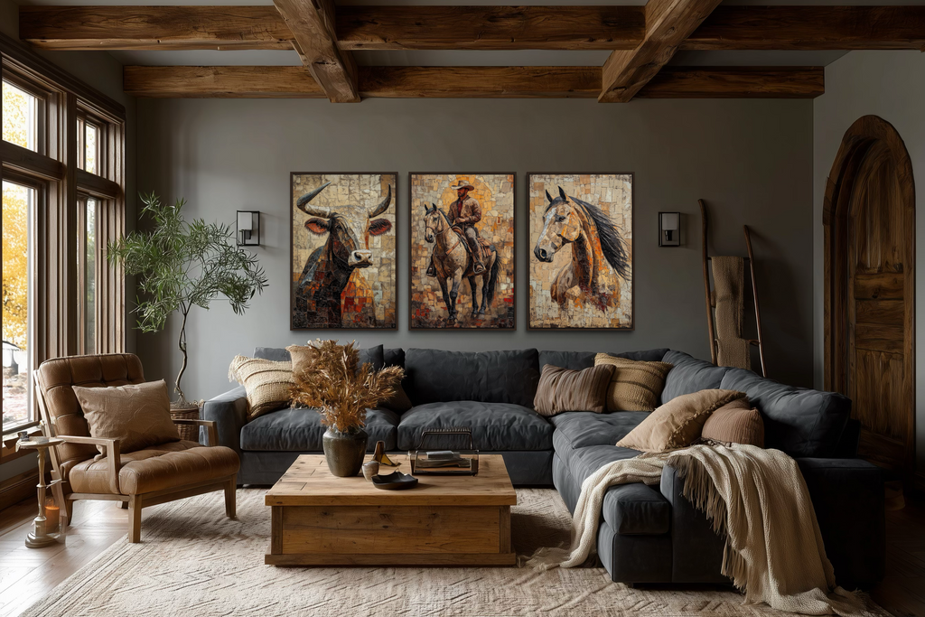 Western Wall Art Set Of 3 – Cowboy, Longhorn Bull, and Horse Canvas Prints