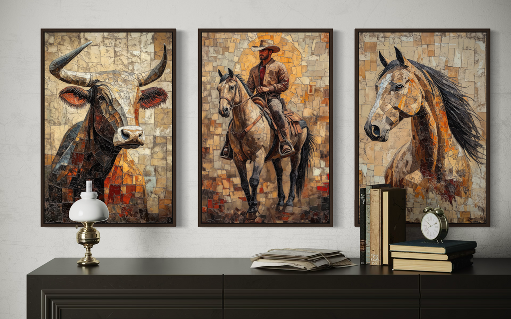 Western Wall Art Set Of 3 – Cowboy, Longhorn Bull, and Horse Canvas Prints