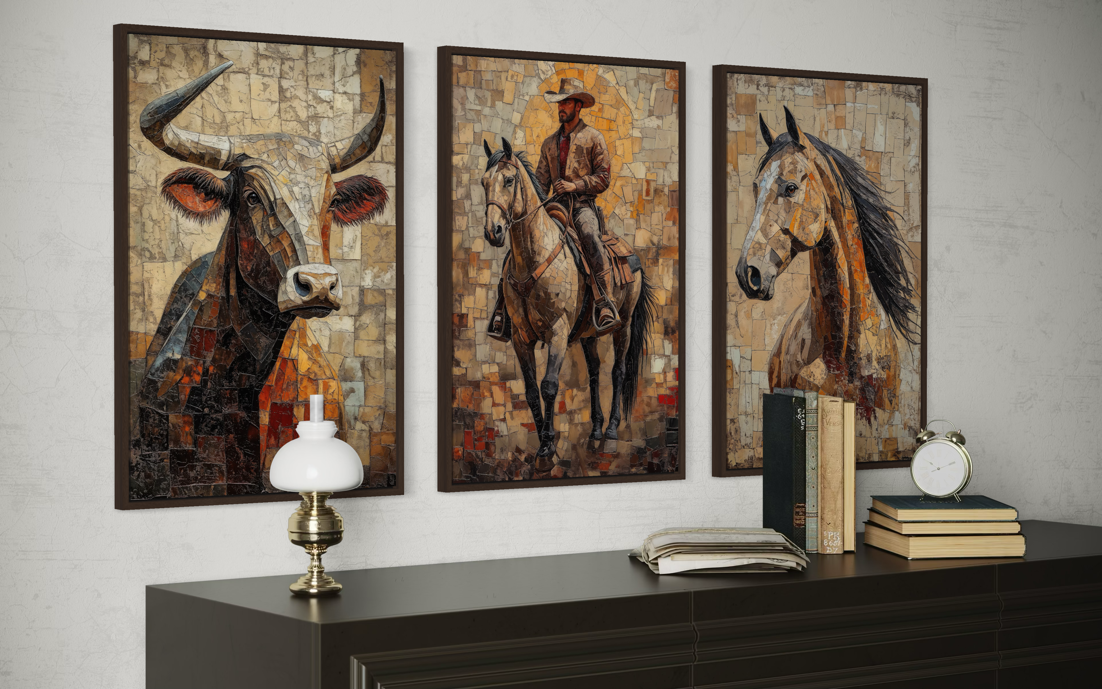 Western Wall Art Set Of 3 – Cowboy, Longhorn Bull, and Horse Canvas Prints