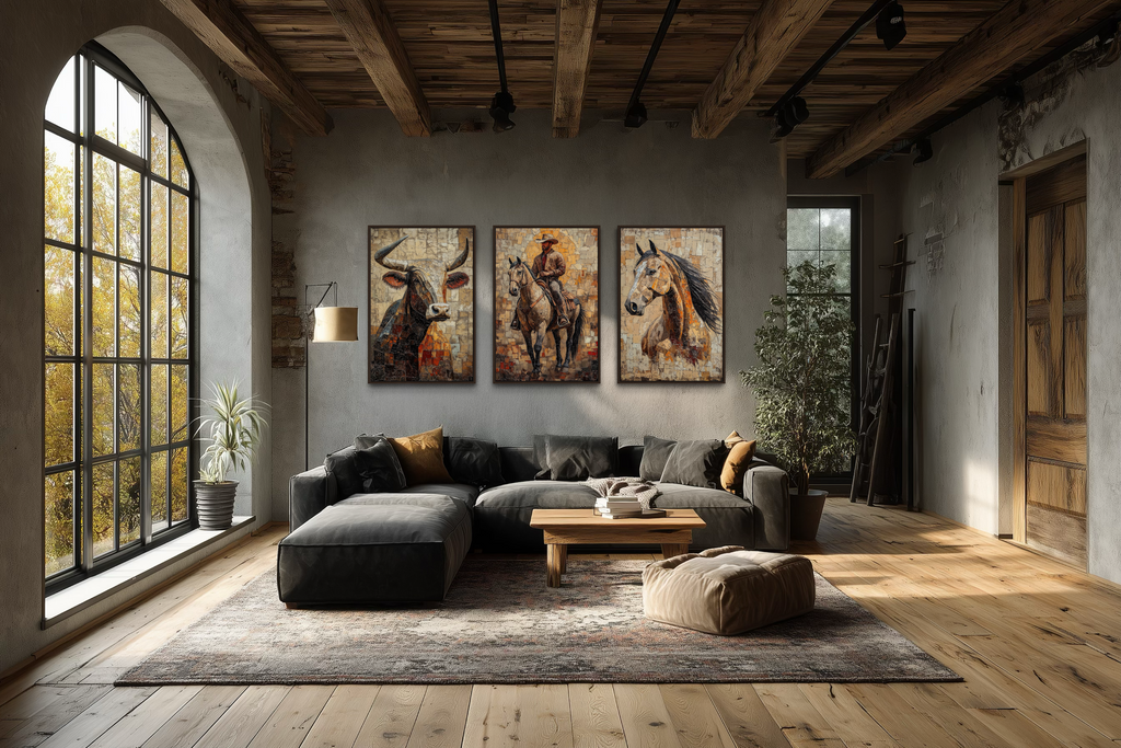 Western Wall Art Set Of 3 – Cowboy, Longhorn Bull, and Horse Canvas Prints