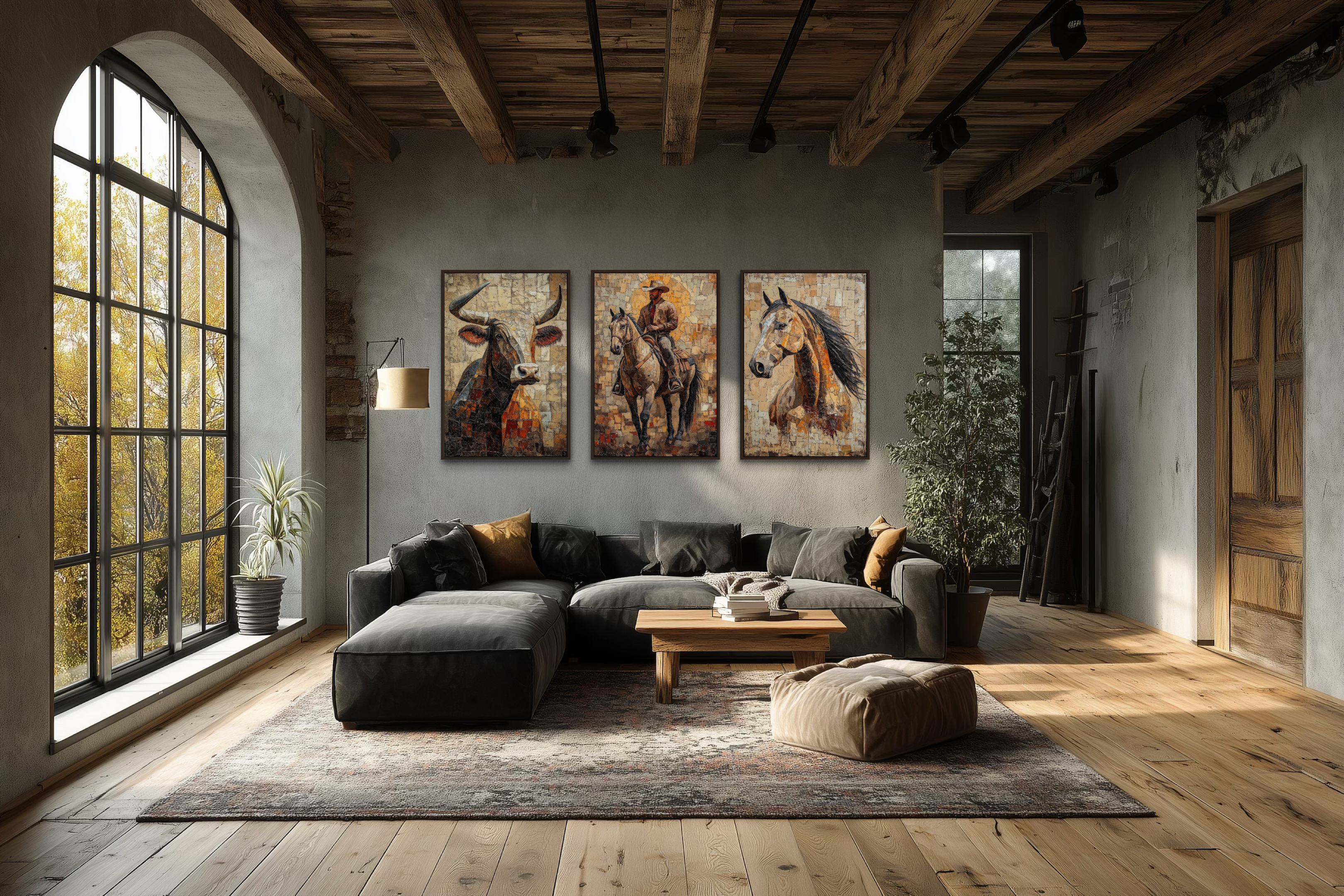 Western Wall Art Set Of 3 – Cowboy, Longhorn Bull, and Horse Canvas Prints