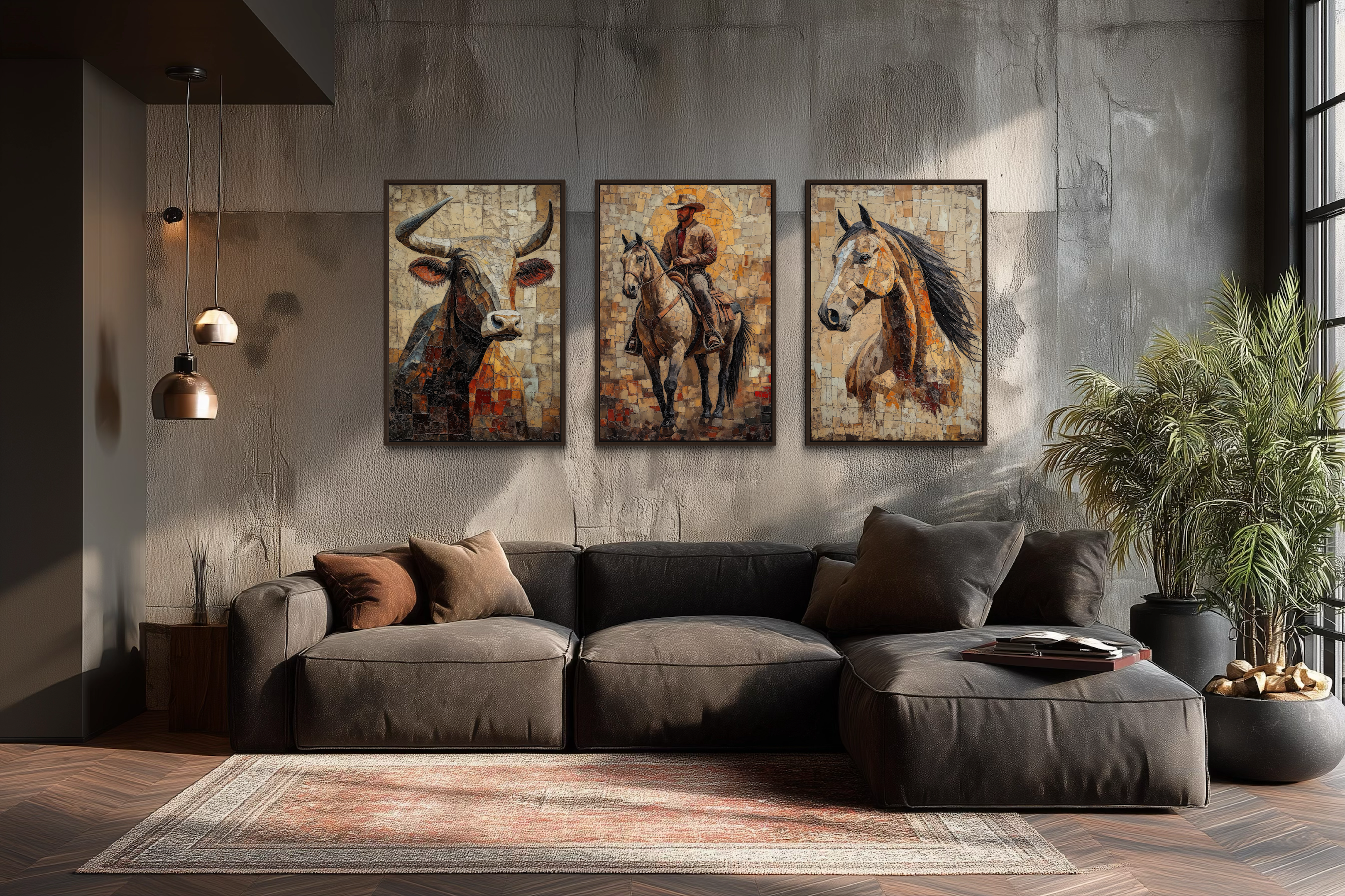 Western Wall Art Set Of 3 – Cowboy, Longhorn Bull, and Horse Canvas Prints