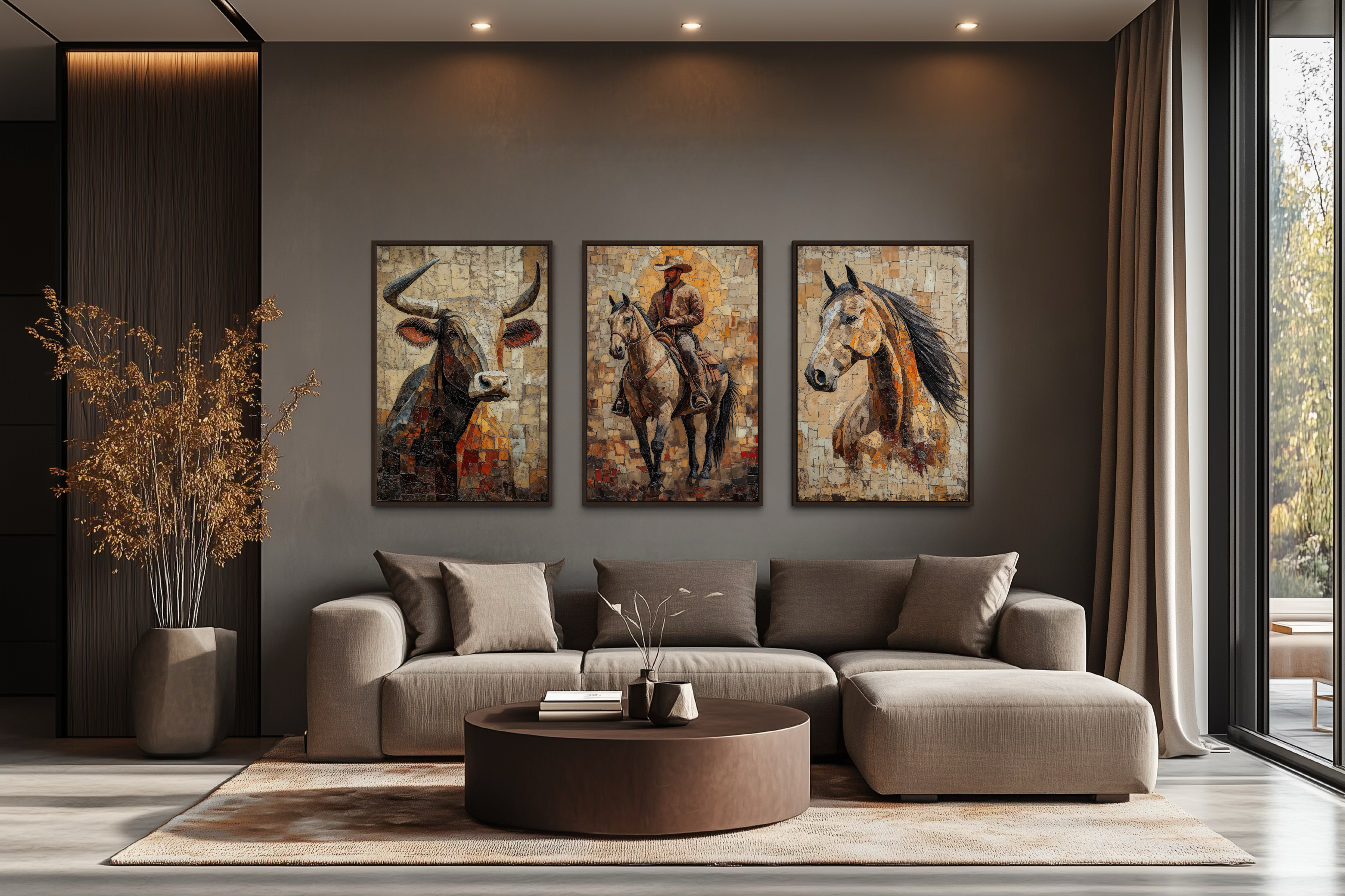 Western Wall Art Set Of 3 – Cowboy, Longhorn Bull, and Horse Canvas Prints