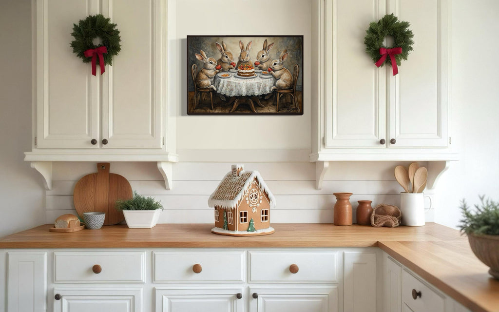 Whimsical Bunny Tea Party Framed Canvas Wall Art For Farmhouse Kitchen Decor