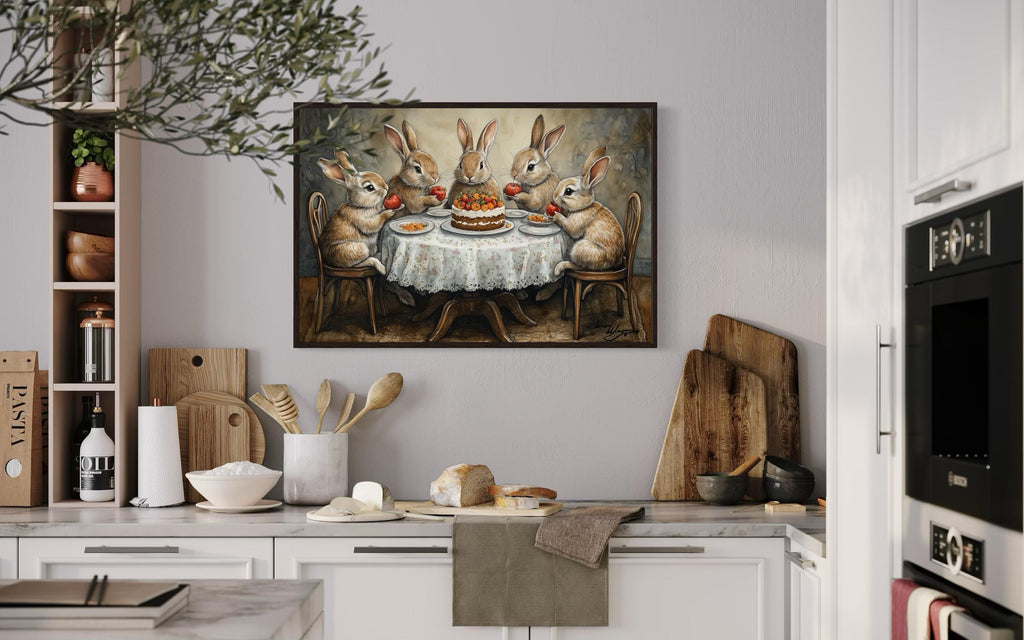 Whimsical Bunny Tea Party Framed Canvas Wall Art For Farmhouse Kitchen Decor