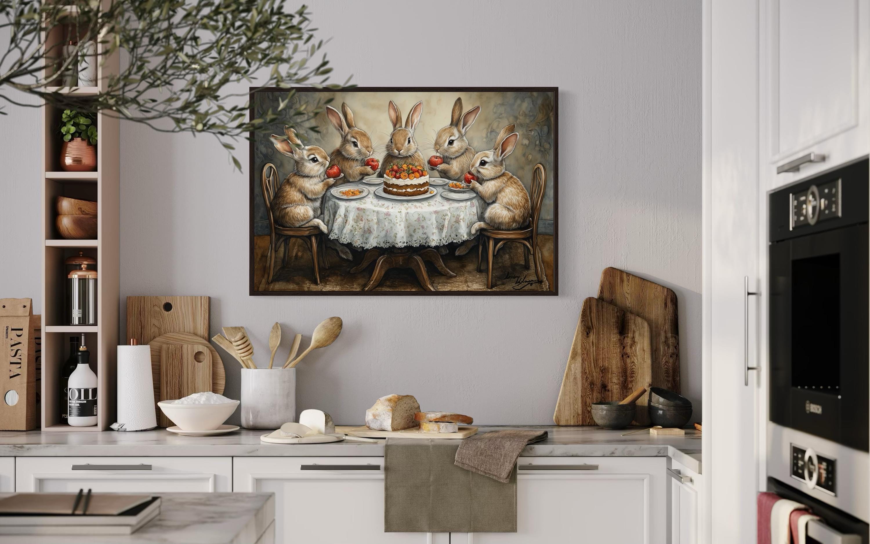 Whimsical Bunny Tea Party Framed Canvas Wall Art For Farmhouse Kitchen Decor