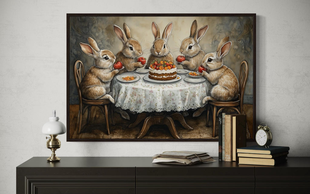 Whimsical Bunny Tea Party Framed Canvas Wall Art For Farmhouse Kitchen Decor