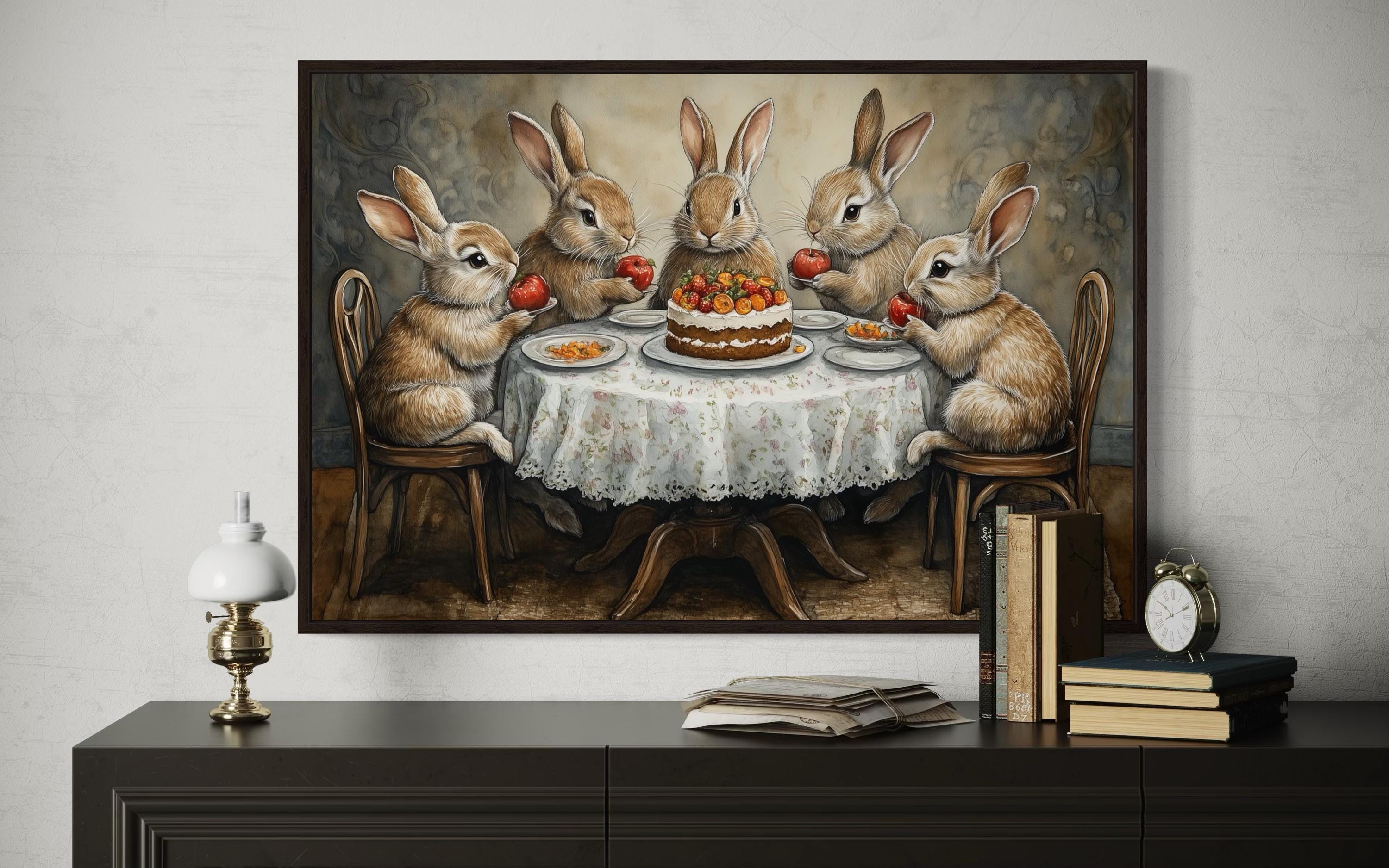 Whimsical Bunny Tea Party Framed Canvas Wall Art For Farmhouse Kitchen Decor