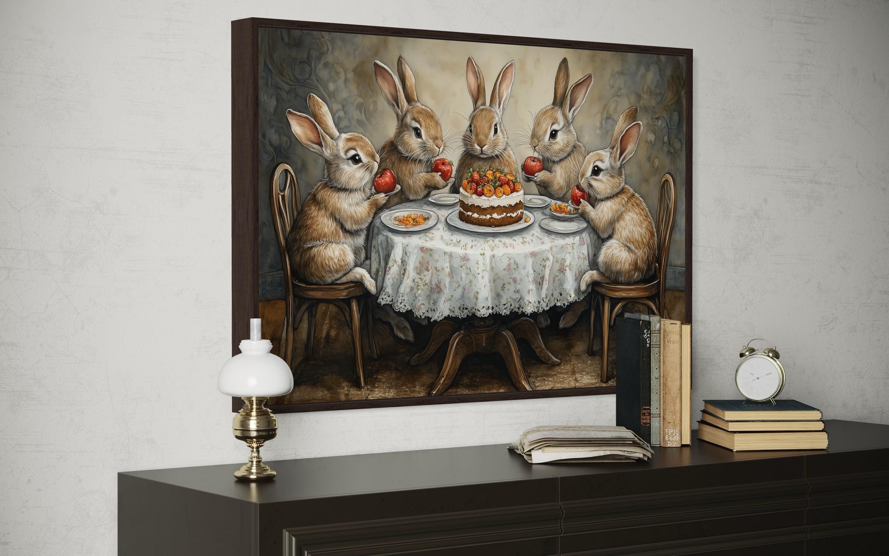 Whimsical Bunny Tea Party Framed Canvas Wall Art For Farmhouse Kitchen Decor