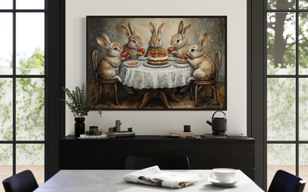 Whimsical Bunny Tea Party Framed Canvas Wall Art For Farmhouse Kitchen Decor