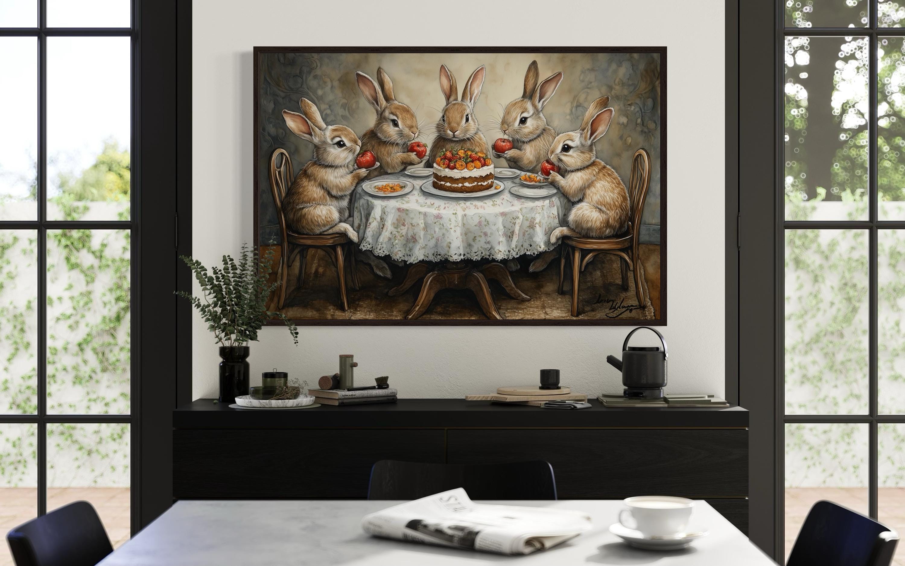 Whimsical Bunny Tea Party Framed Canvas Wall Art For Farmhouse Kitchen Decor