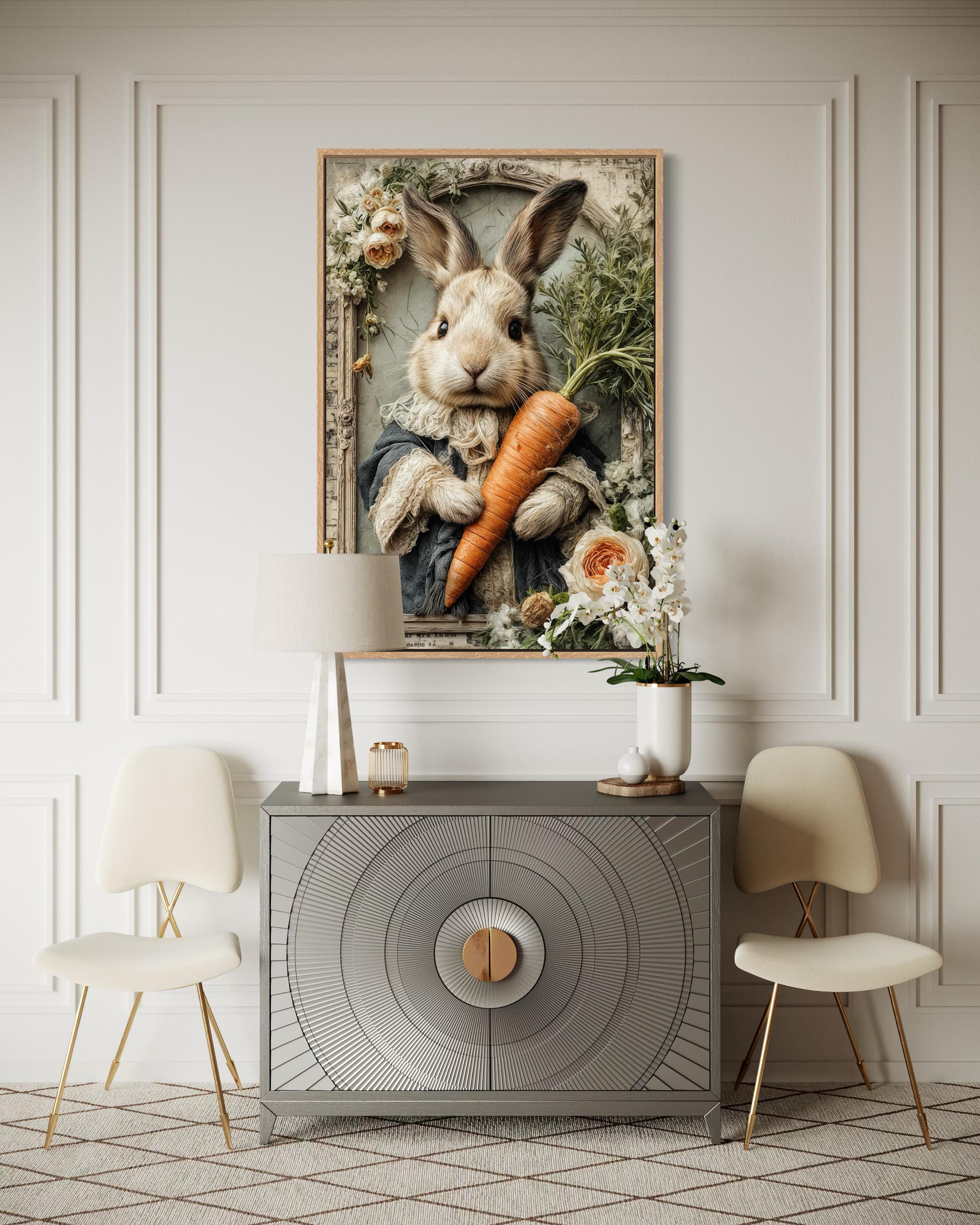 Whimsical Floral Easter Bunny With Carrot Canvas Wall Art