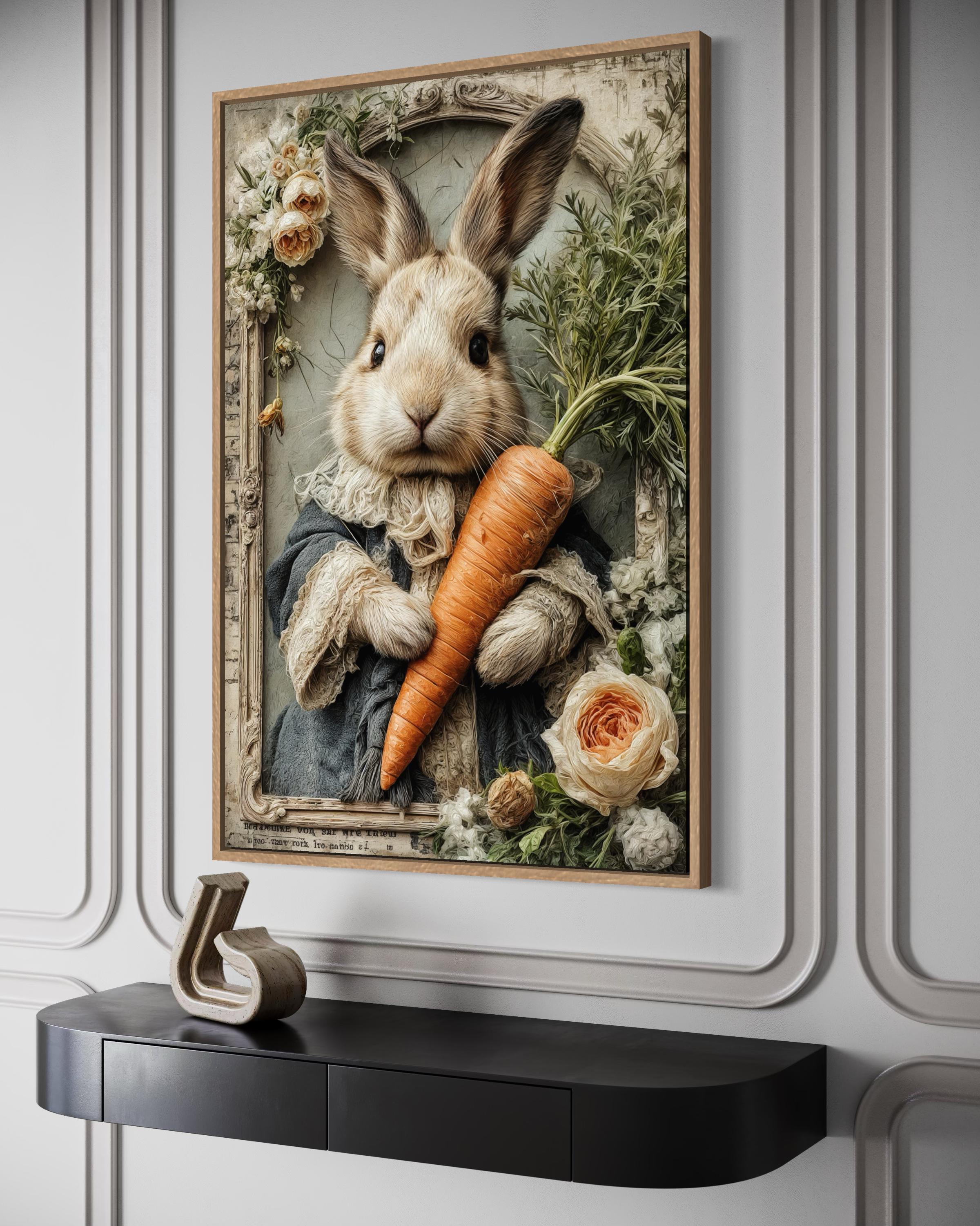 Whimsical Floral Easter Bunny With Carrot Canvas Wall Art