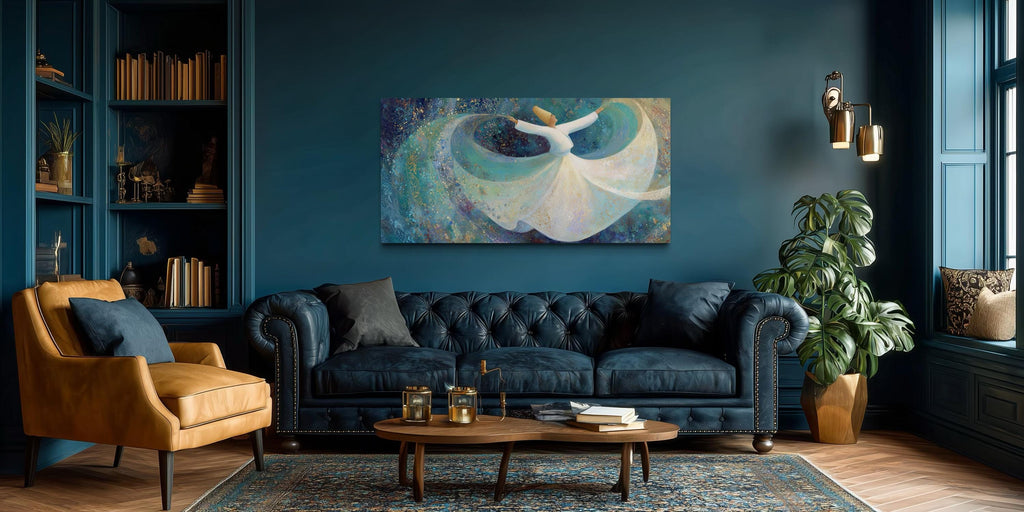 Whirling Dervish Wall Art – Large Zen Canvas with Teal Blue Spiritual Dance Artwork