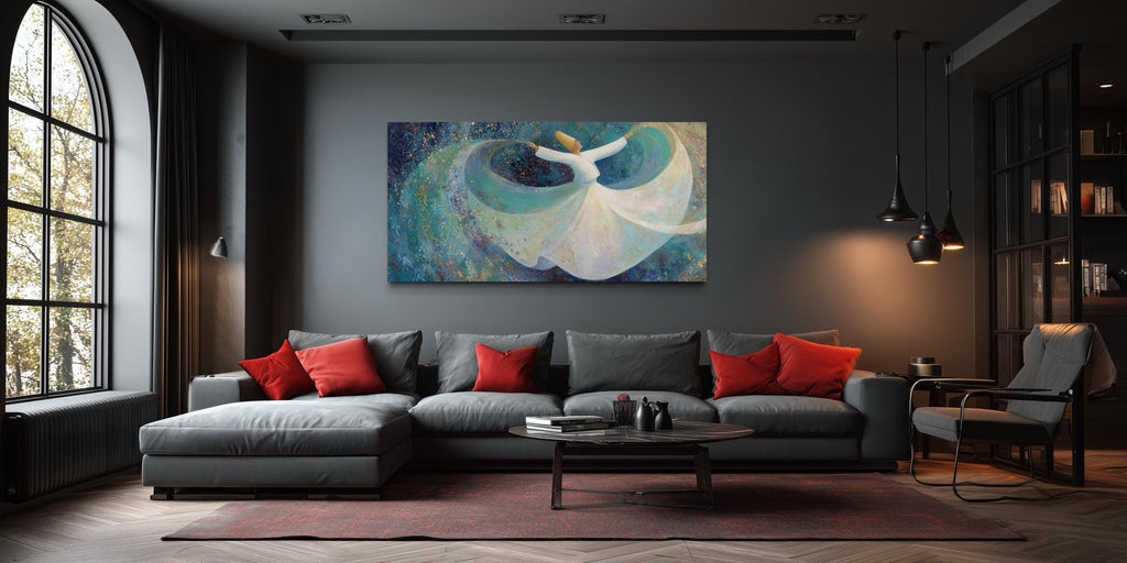 Whirling Dervish Wall Art – Large Zen Canvas with Teal Blue Spiritual Dance Artwork