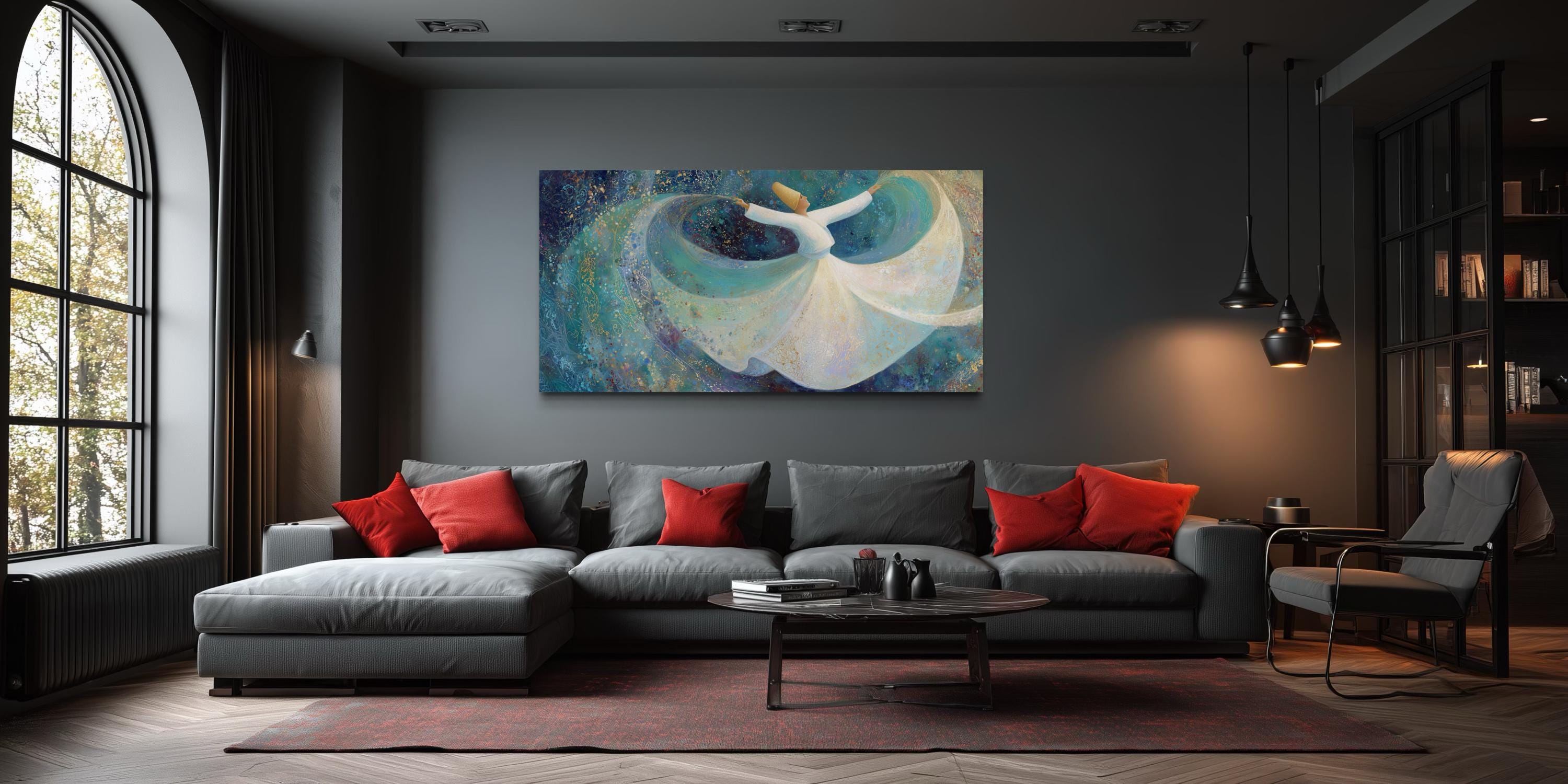 Whirling Dervish Wall Art – Large Zen Canvas with Teal Blue Spiritual Dance Artwork