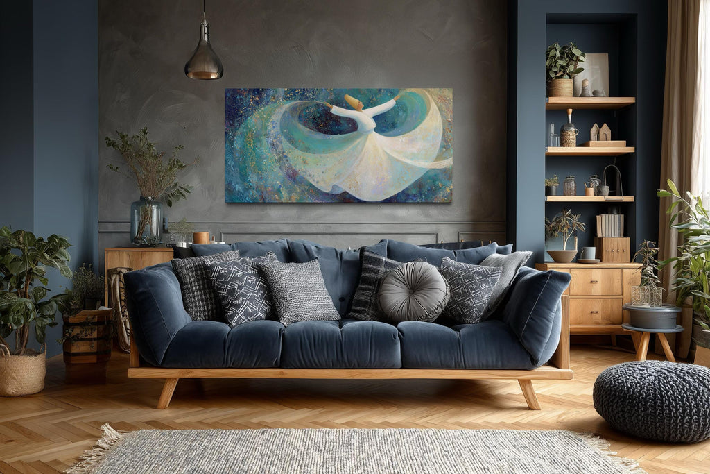 Whirling Dervish Wall Art – Large Zen Canvas with Teal Blue Spiritual Dance Artwork