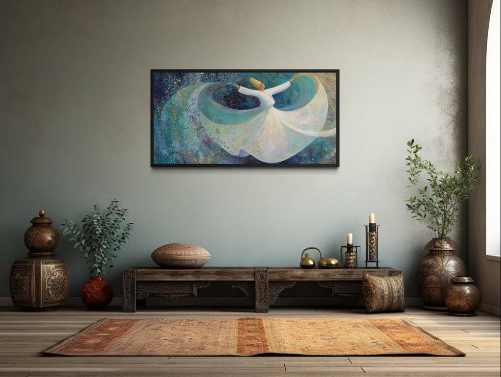 Whirling Dervish Wall Art – Large Zen Canvas with Teal Blue Spiritual Dance Artwork